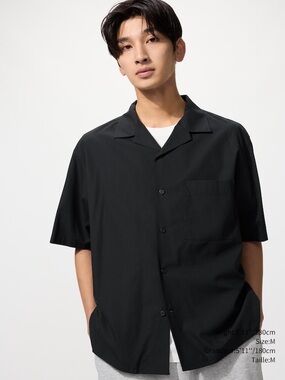 Uniqlo open collar shirt black button up medium front pocket short sleeve unisex